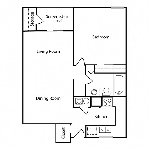 Floor plan for 1 bed, 1 bath, 850 sqft